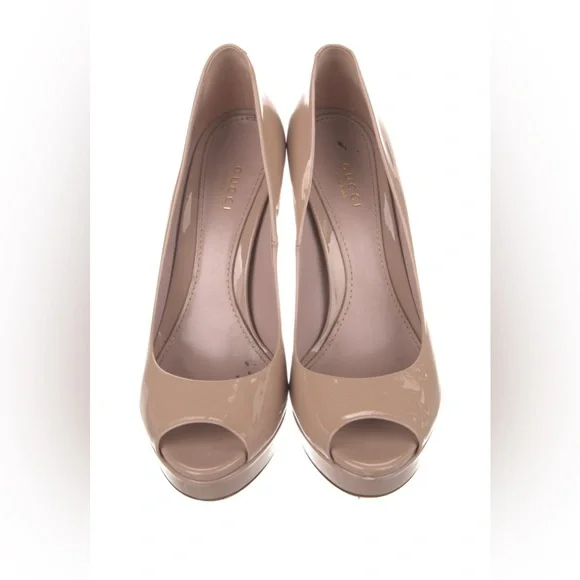Gucci Beige Patent Leather Peep Toe Stiletto Heels Size 9 - Picture 2 of 6